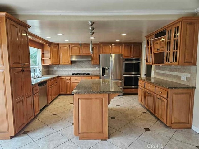 kitchen featuring under cabinet range hood, a sink, open shelves, a kitchen island, and stainless steel appliances