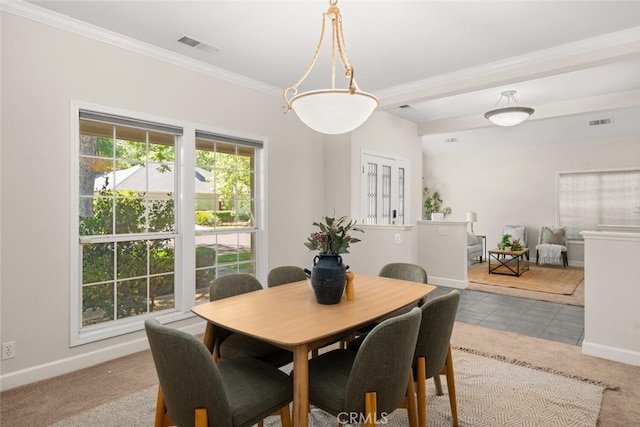670 Grafton Park Dr, Chico, CA 95926 - carpeted dining space with tile patterned floors, visible vents, baseboards, and ornamental molding