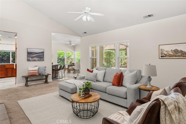 670 Grafton Park Dr, Chico, CA 95926 - living area with light colored carpet, visible vents, a ceiling fan, and high vaulted ceiling