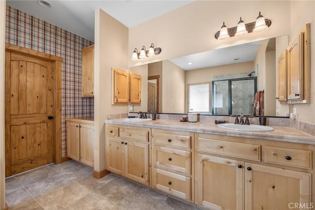 61465 Latham Trl, Joshua Tree, CA 92252 - bathroom featuring wallpapered walls, a stall shower, and double vanity