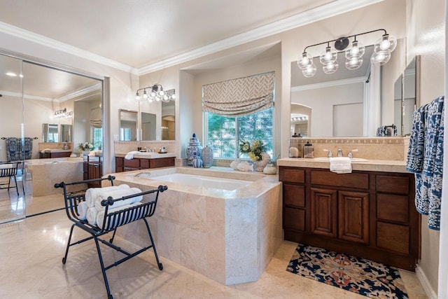 full bath featuring ornamental molding, a sink, a bath, two vanities, and decorative backsplash