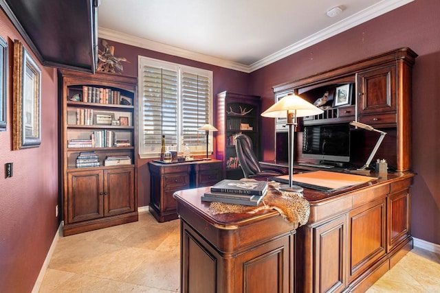 office space featuring crown molding and baseboards