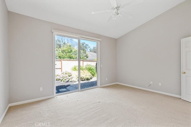 2331 Humboldt St, Los Osos, CA 93402 - empty room featuring light carpet, baseboards, vaulted ceiling, and a ceiling fan