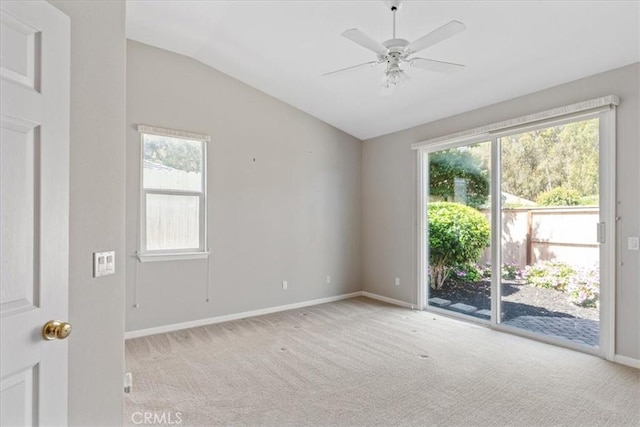 2331 Humboldt St, Los Osos, CA 93402 - unfurnished room featuring lofted ceiling, baseboards, carpet floors, a ceiling fan, and plenty of natural light