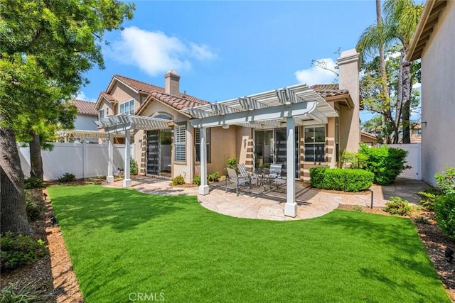 2516 Lewis Dr, Tustin, CA 92782 - back of property featuring a chimney, a pergola, stucco siding, a patio area, and a tile roof