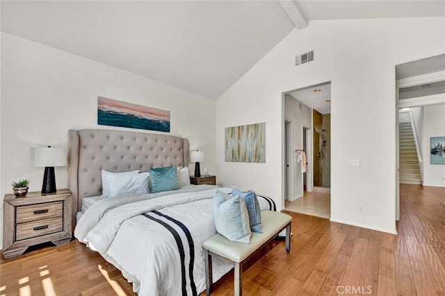 2516 Lewis Dr, Tustin, CA 92782 - bedroom featuring beam ceiling, light wood-type flooring, high vaulted ceiling, and baseboards