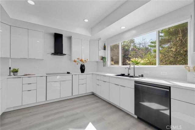 kitchen with a sink, stainless steel dishwasher, modern cabinets, and wall chimney exhaust hood