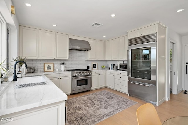 kitchen with extractor fan, backsplash, high quality appliances, and visible vents