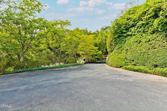 view of road with a forest view and a gate