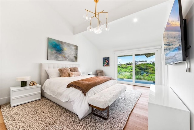 9 Jasmine Creek Dr, Corona Del Mar, CA 92625 - bedroom with access to outside, wood finished floors, a chandelier, and high vaulted ceiling