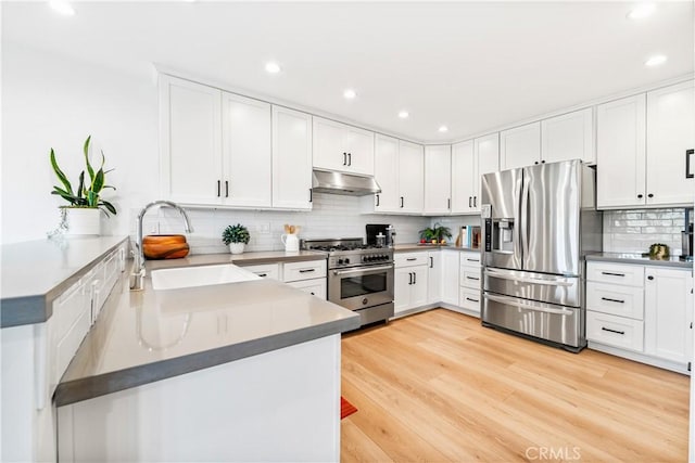 9 Jasmine Creek Dr, Corona Del Mar, CA 92625 - kitchen with appliances with stainless steel finishes, a sink, under cabinet range hood, backsplash, and recessed lighting