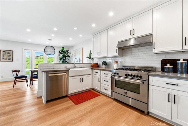 9 Jasmine Creek Dr, Corona Del Mar, CA 92625 - kitchen with appliances with stainless steel finishes, under cabinet range hood, a peninsula, backsplash, and white cabinets