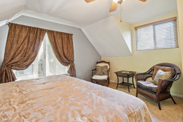 23697 Bowl Rd, Crestline, CA 92325 - bedroom with vaulted ceiling, baseboards, ceiling fan, and carpet floors