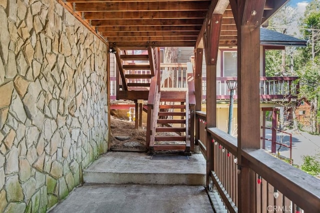 23697 Bowl Rd, Crestline, CA 92325 - wooden terrace featuring stairs
