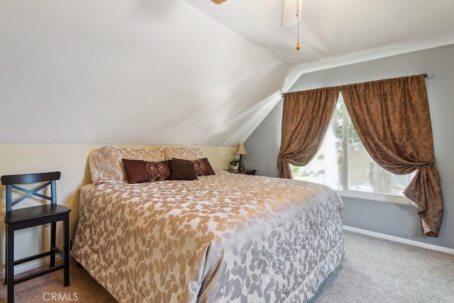 23697 Bowl Rd, Crestline, CA 92325 - bedroom featuring vaulted ceiling, carpet, baseboards, and a ceiling fan