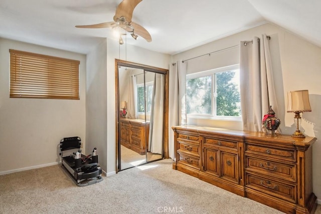 23697 Bowl Rd, Crestline, CA 92325 - interior space featuring vaulted ceiling, ceiling fan, and baseboards