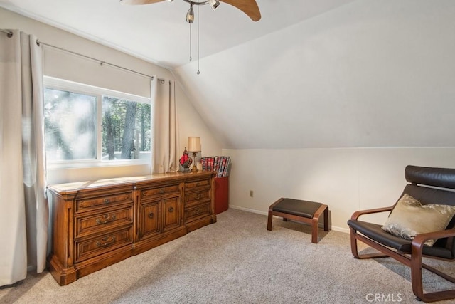 23697 Bowl Rd, Crestline, CA 92325 - living area featuring vaulted ceiling, ceiling fan, carpet, and baseboards