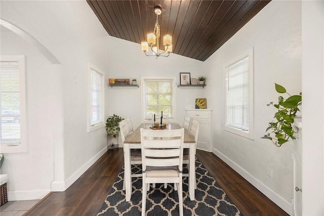 521 N Vine St, Anaheim, CA 92805 - dining area featuring arched walkways, vaulted ceiling, a chandelier, dark wood finished floors, and baseboards
