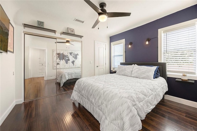 521 N Vine St, Anaheim, CA 92805 - bedroom featuring wood finished floors, a closet, baseboards, and ceiling fan