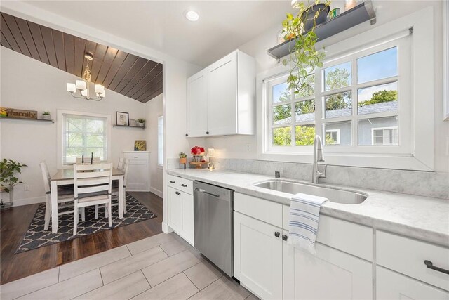 521 N Vine St, Anaheim, CA 92805 - kitchen featuring dishwasher, a sink, a chandelier, lofted ceiling, and white cabinetry
