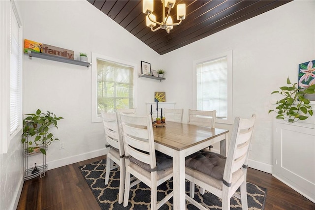 521 N Vine St, Anaheim, CA 92805 - dining room featuring a chandelier, wooden ceiling, lofted ceiling, dark wood-type flooring, and baseboards