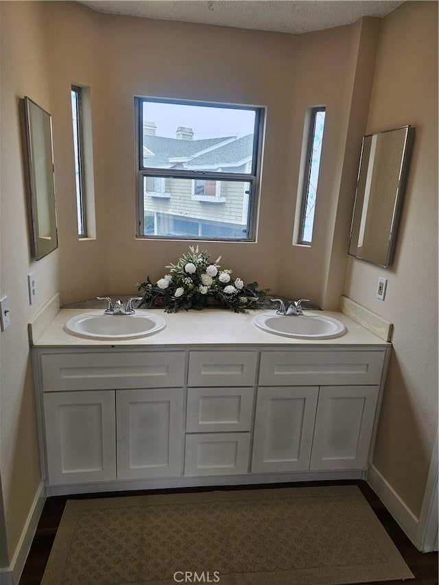 bathroom with double vanity, baseboards, and a sink