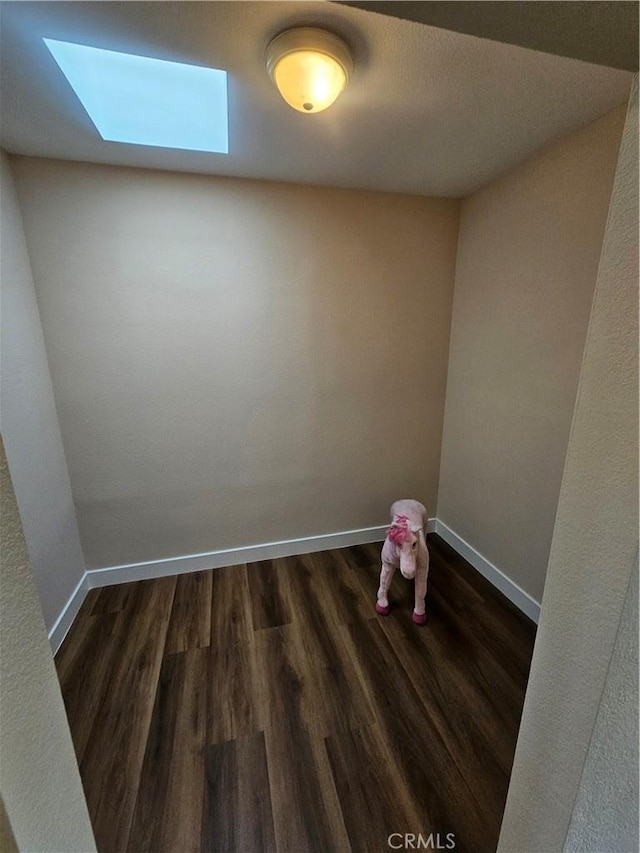 empty room featuring baseboards, a skylight, and dark wood-type flooring
