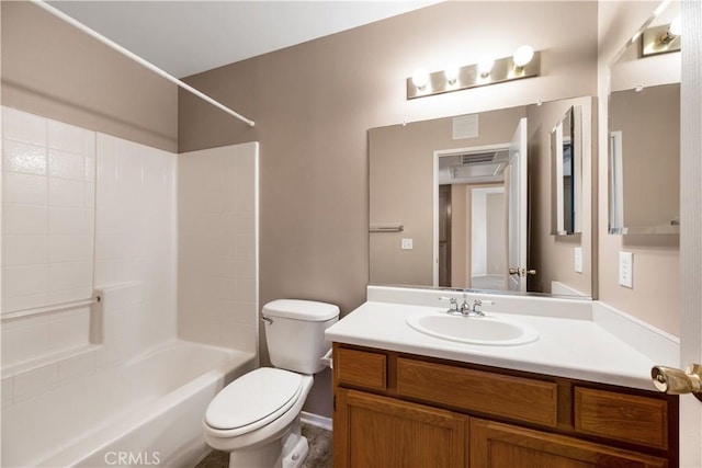 full bath with vanity, toilet, baseboards, and bathtub / shower combination