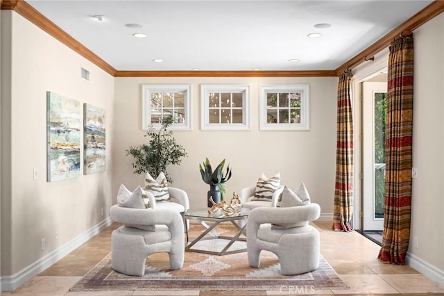 living area featuring ornamental molding, baseboards, visible vents, and recessed lighting
