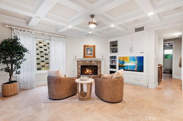 living room featuring recessed lighting, coffered ceiling, visible vents, a high end fireplace, and beamed ceiling