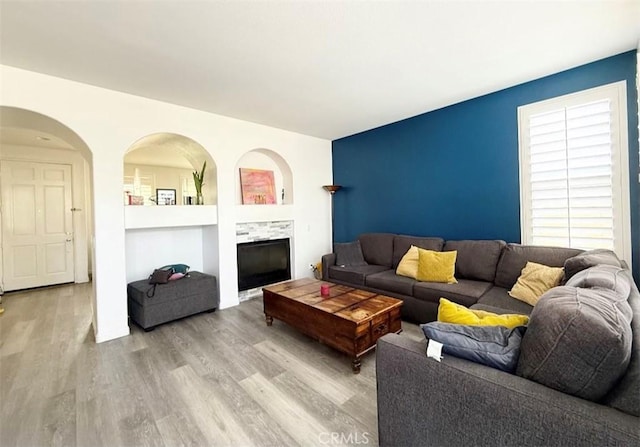 living area featuring a fireplace, built in features, and wood finished floors