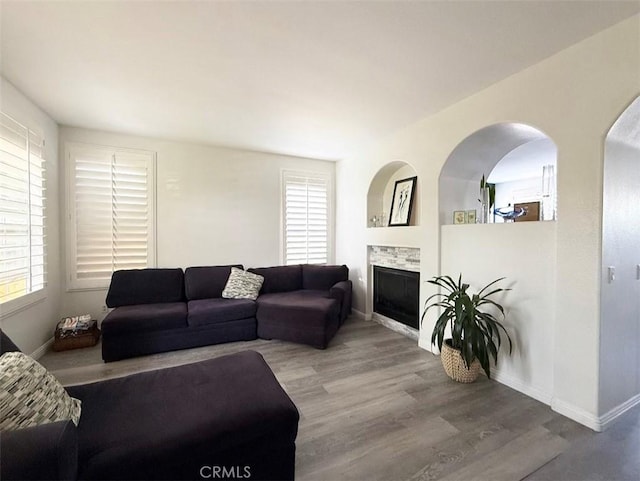 living area featuring a fireplace, a wealth of natural light, baseboards, and wood finished floors