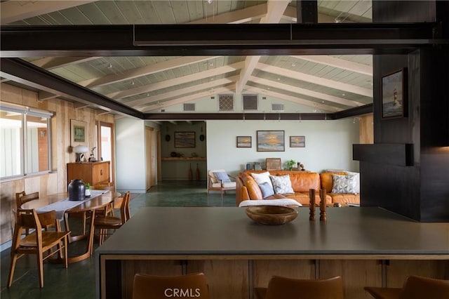 dining room featuring wood ceiling, visible vents, and vaulted ceiling with beams