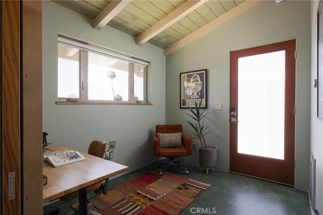 office featuring lofted ceiling with beams and wood ceiling