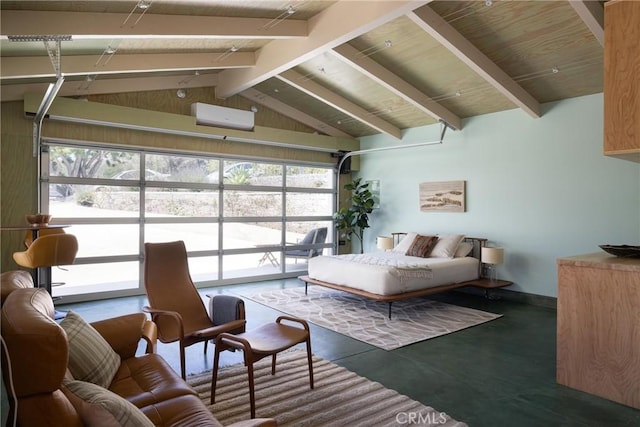 bedroom featuring baseboards, wood ceiling, a wall unit AC, and vaulted ceiling with beams
