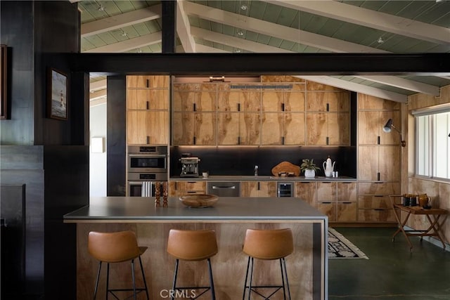 bar with wooden ceiling, stainless steel appliances, and vaulted ceiling with beams