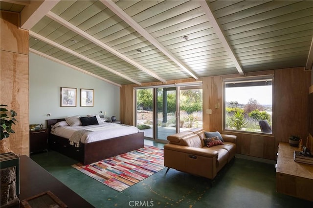 bedroom featuring multiple windows, lofted ceiling with beams, wood ceiling, and access to exterior