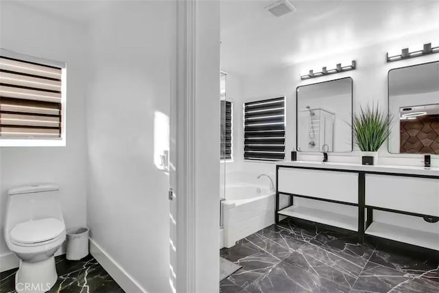 full bath with toilet, marble finish floor, visible vents, double vanity, and a bath