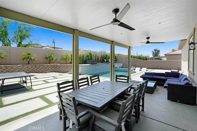 43118 Fiore St, Indio, CA 92203 - view of patio / terrace featuring a fenced backyard, outdoor lounge area, and outdoor dining space