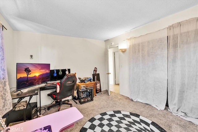 home office featuring carpet flooring and a textured ceiling