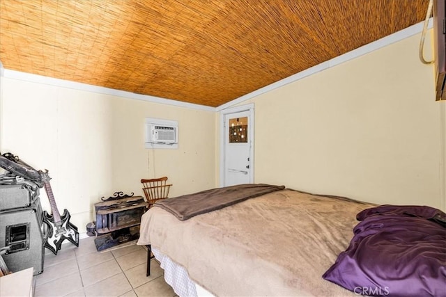bedroom featuring a wall mounted air conditioner, a wood stove, crown molding, light tile patterned floors, and wood ceiling