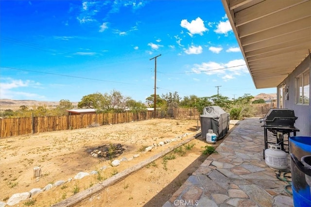 view of yard featuring a patio area and a fenced backyard
