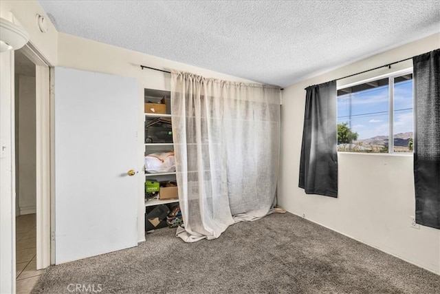 carpeted bedroom with a textured ceiling