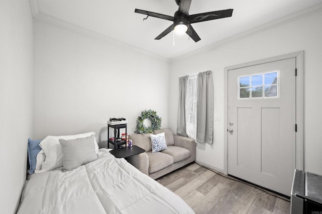 586 Del Mar Ave, Chula Vista, CA 91910 - bedroom with ornamental molding, light wood finished floors, and a ceiling fan