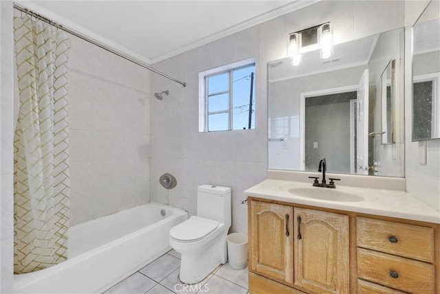 bathroom with toilet, shower / tub combo with curtain, tile patterned floors, vanity, and crown molding