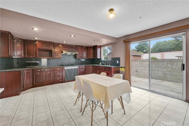 kitchen featuring recessed lighting, a textured ceiling, under cabinet range hood, decorative backsplash, and stainless steel appliances
