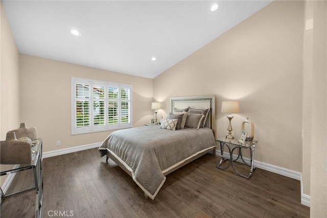 bedroom with lofted ceiling, baseboards, dark wood-type flooring, and recessed lighting