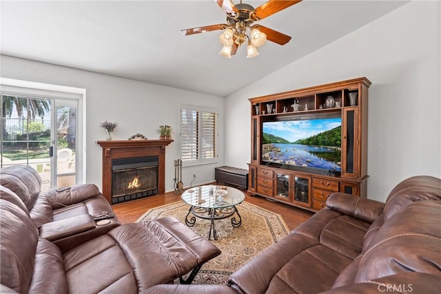 2757 Cape Dr, Corona, CA 92882 - living room featuring vaulted ceiling, plenty of natural light, a ceiling fan, and wood finished floors