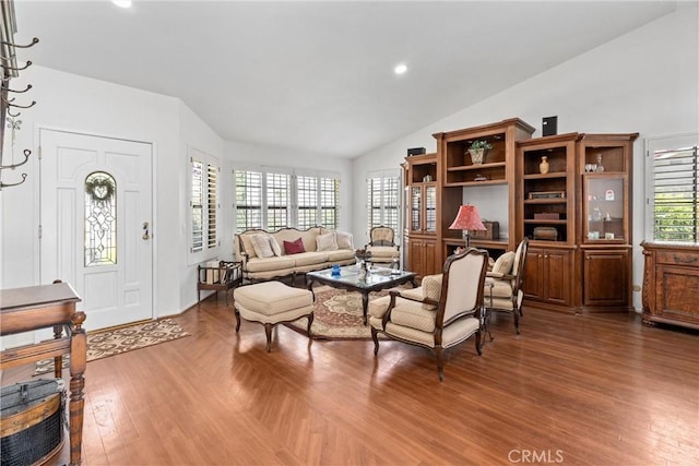 2757 Cape Dr, Corona, CA 92882 - living room featuring lofted ceiling, wood finished floors, and recessed lighting