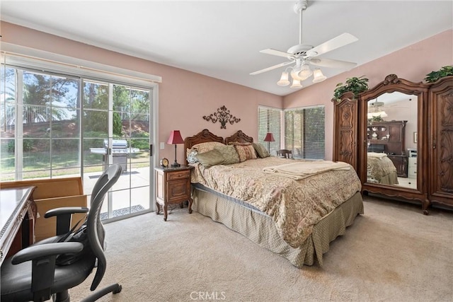 2757 Cape Dr, Corona, CA 92882 - bedroom with light carpet, access to exterior, ceiling fan, and vaulted ceiling